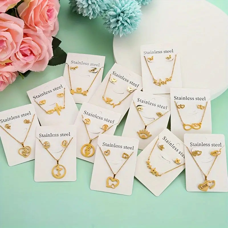 Ensemble de Bijoux Élégant en Acier Inoxydable, Pendentifs Fleur et Cœur Simples, Collier et Boucles d'Oreilles Durables,