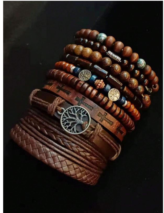 Lot de 10 bracelets de perles en bois style punk rétro, motif arbre de vie, breloques en alliage, faits à la main