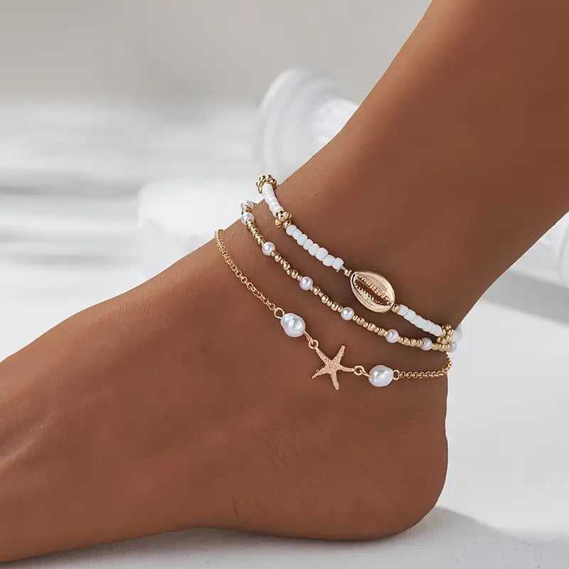 Ensemble de 3 Chevillères pour Femmes en Acier Inoxydable avec Perles d'Imitation et Coquillage Étoile