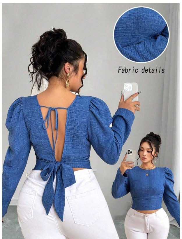 Couleur unie, col rond, manches raglan, manches longues, taille cintrée, bretelles à lacets dans le dos