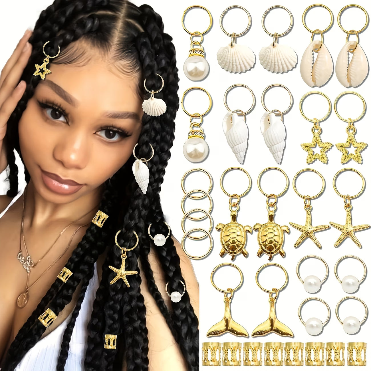 Ornements de cheveux dorés pour tresses étoile de mer, des pinces à cheveux en perle, des épingles à cheveux en coquillage