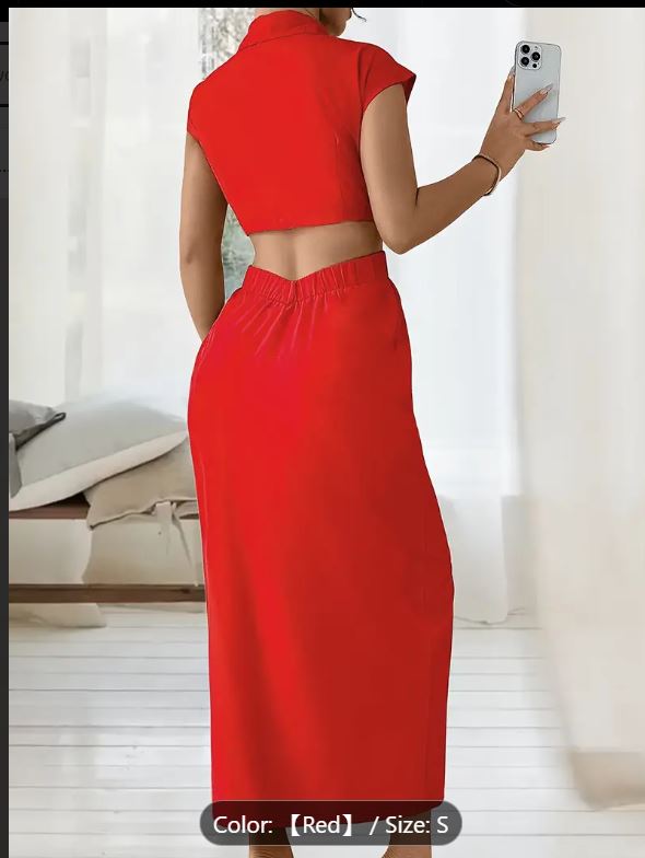 Robe péplum élégante pour femme, tricot polyester uni, col à revers, détails fendus,