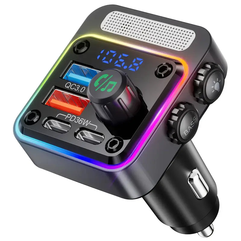Adaptateur Voiture 54W BT 5.3 avec 4 Ports de Charge [PD 36W & QC3.0 18W], Émetteur FM Radio Sans Fil avec Basse Profonde & Rétroéclairage LED 5 Couleurs, Appels Mains Libres -