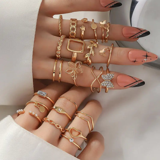 Ensemble d'anneaux vintage et sexy, plaqués or 14K, alliage, anneau à motif flèche, nœud, étoile, lune et pied,