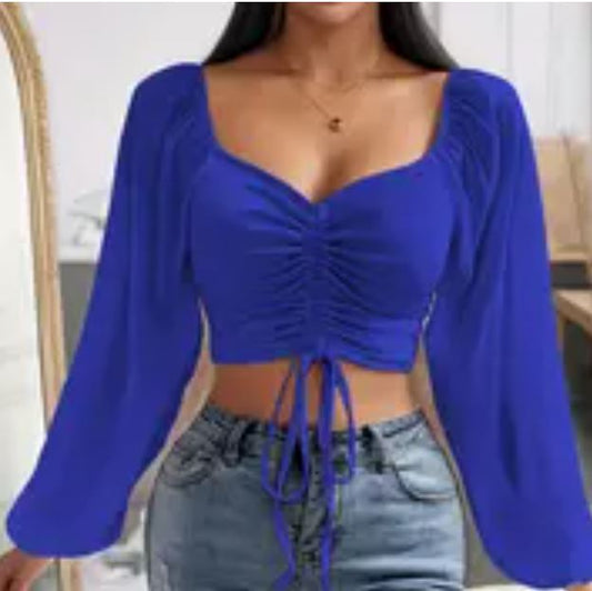 Chemisier élégant  à manches longues et col en V  avec cordon de serrage, froncé et transparent, l