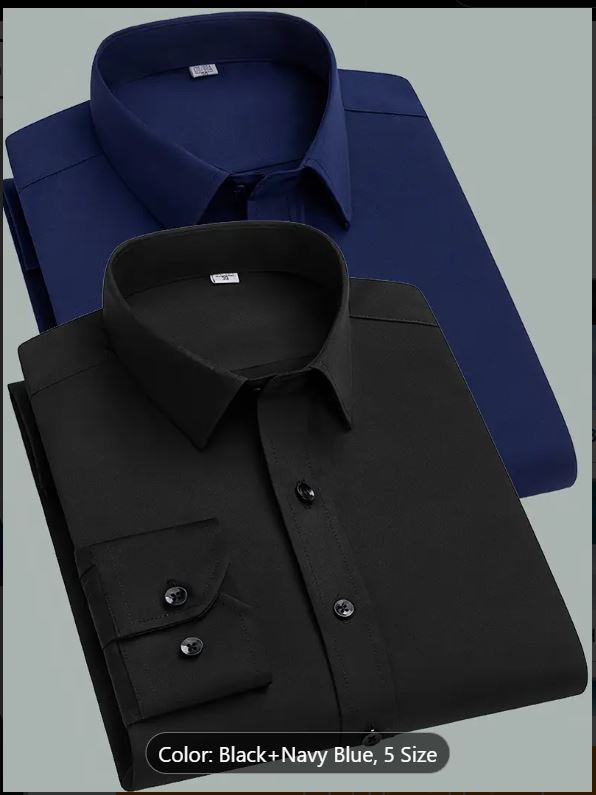 Lot de 2 chemises de travail en polyester uni  coupe classique, manches longues, col à revers, tissu légèrement extensible, avec boutons