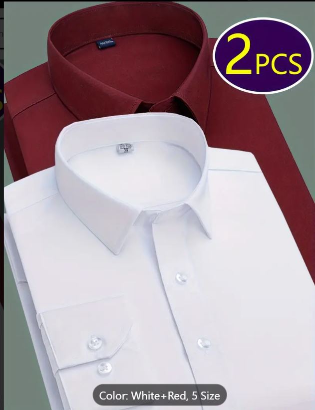 Lot de 2 chemises de travail en polyester uni  coupe classique, manches longues, col à revers, tissu légèrement extensible, avec boutons