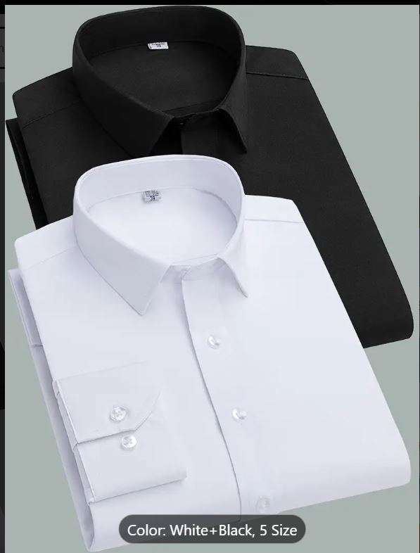 Lot de 2 chemises de travail en polyester uni  coupe classique, manches longues, col à revers, tissu légèrement extensible, avec boutons
