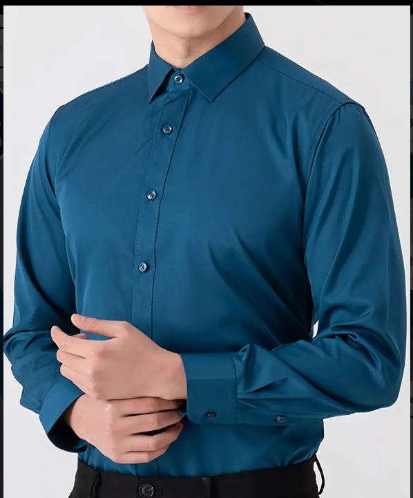 Lot de 2 chemises de travail en polyester uni  coupe classique, manches longues, col à revers, tissu légèrement extensible, avec boutons