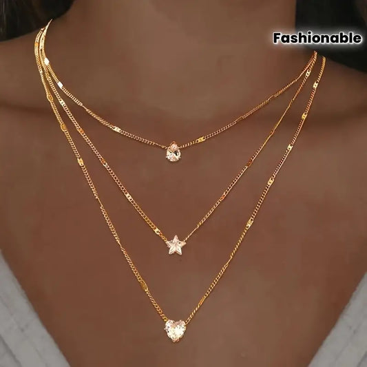 Colliers pendentifs multicouches élégants avec breloques en cristal - Cœur, étoile et larme -