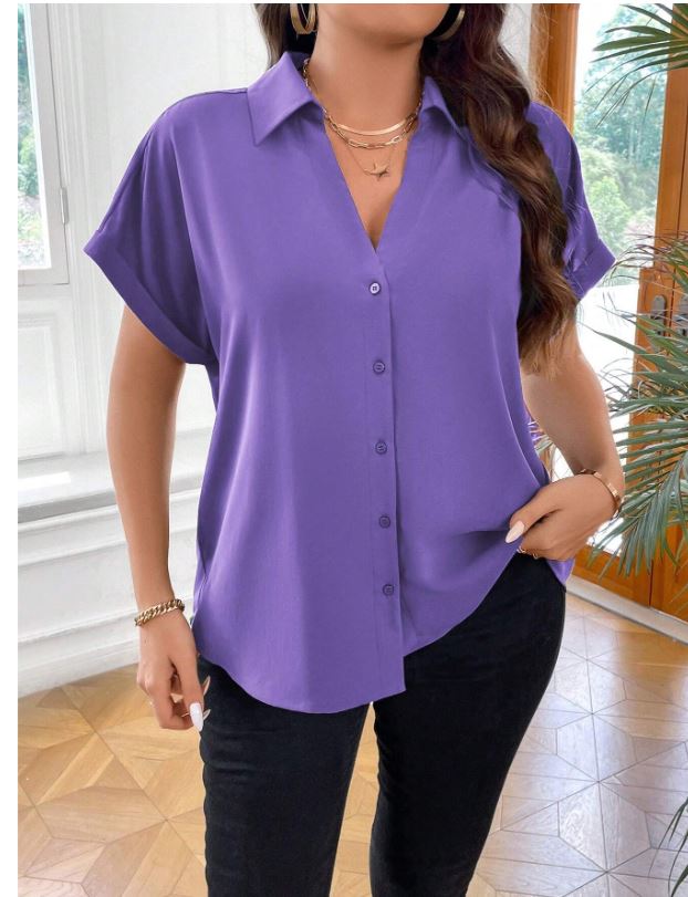 Chemise à manches courtes de couleur unie grande taille