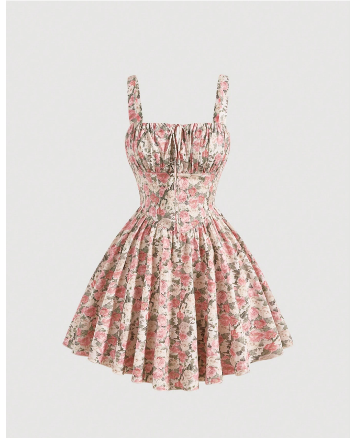 Robe  à imprimé floral intégral et buste froncé