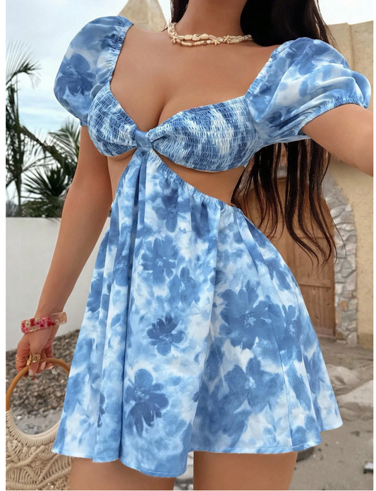 Robe courte pour femme, style décontracté et polyvalent, imprimé , manches bouffantes
