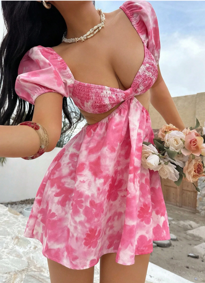 Robe courte pour femme, style décontracté et polyvalent, imprimé , manches bouffantes
