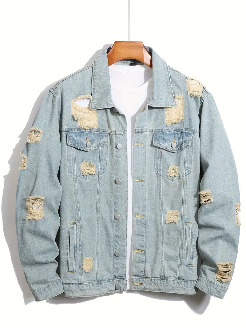 este en Denim Déchiré pour Hommes - Manteau de Travail Surdimensionné avec Col, Ourlet Effiloché & Détails de Poches Déchirées,