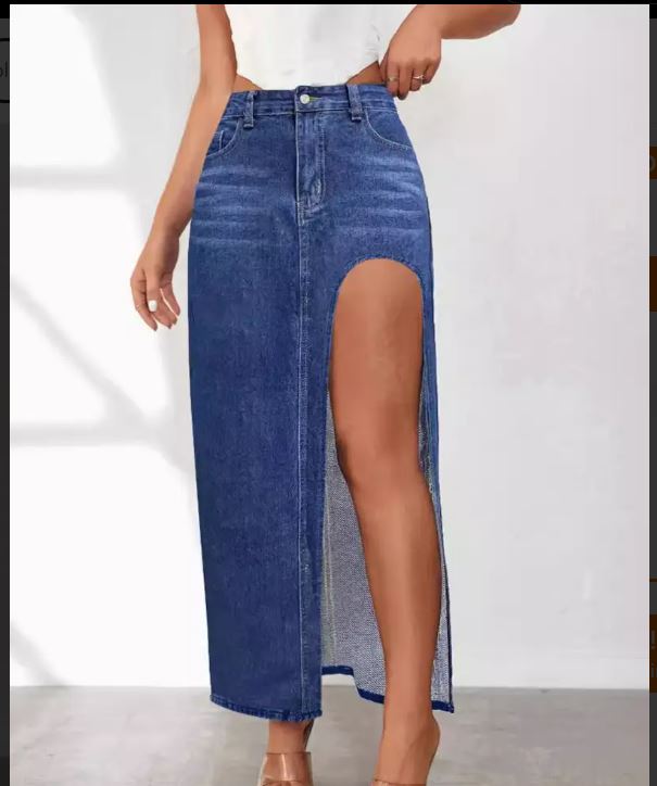 Jupe en jean mi-longue fendue haute, couleur unie,