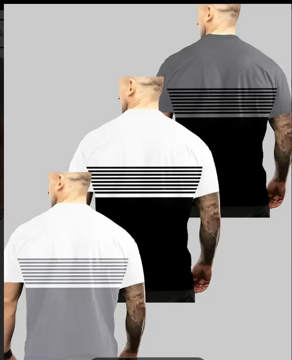Lot de 3 t-shirts  imprimés  pour homme – Col ras du cou décontracté, manches courtes,