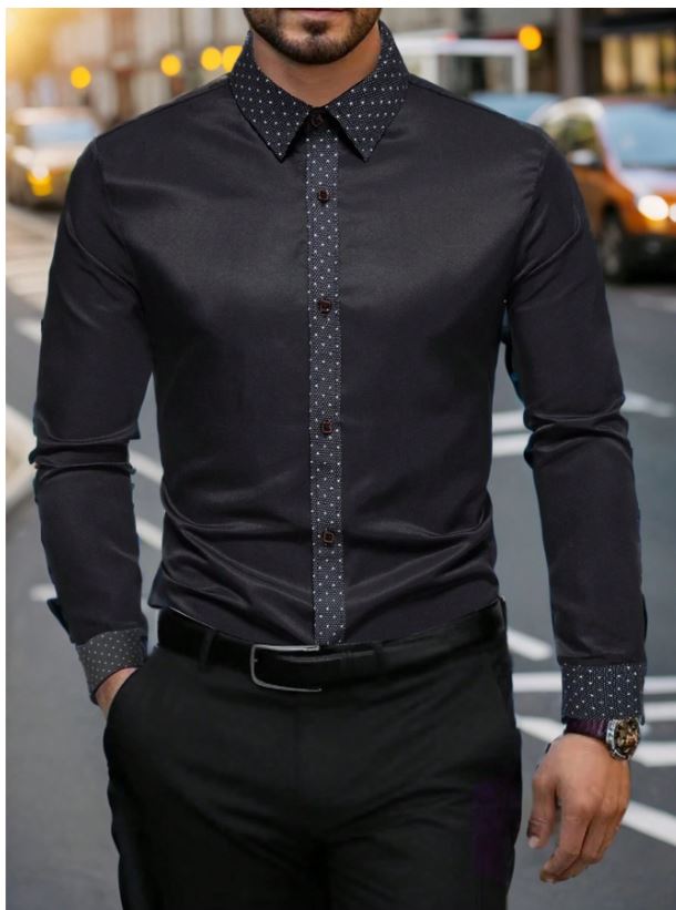 Chemise  à manches longues et col boutonné avec bordure contrastée,
