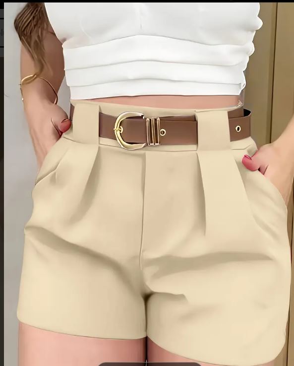 Short élégant de couleur unie, polyester, fermeture éclair, tissu non extensible