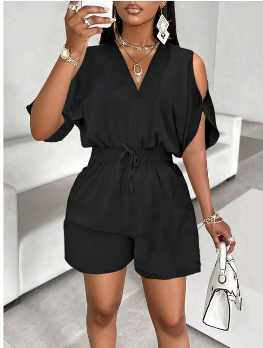 Tie Waist Cold-Shoulder Casual Romper