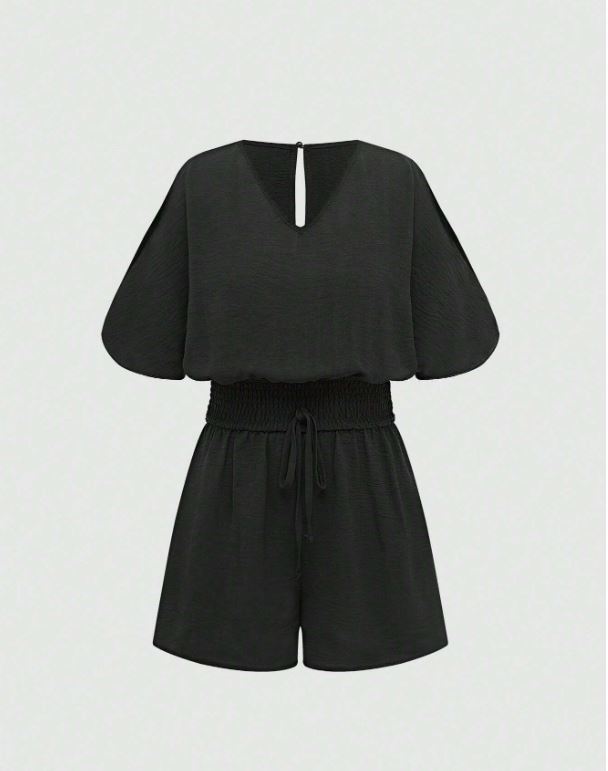 Tie Waist Cold-Shoulder Casual Romper