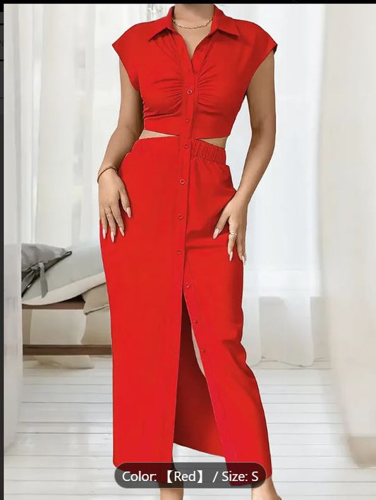 Robe péplum élégante pour femme, tricot polyester uni, col à revers, détails fendus,