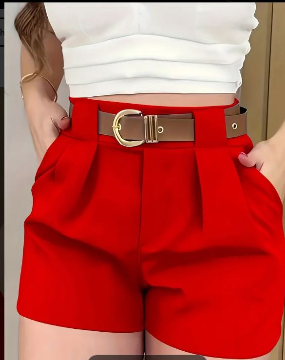 Short élégant de couleur unie, polyester, fermeture éclair, tissu non extensible