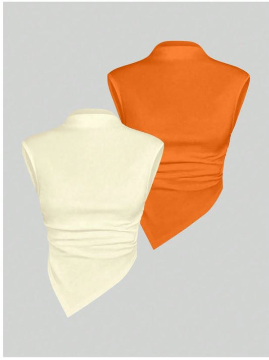 Haut sans manches à col asymétrique et col plissé de couleur unie